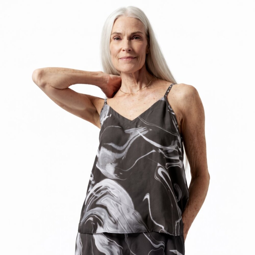 ATHLETA Calm Cool Cami Marble Print Black White Spaghetti Strap S